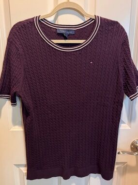 Tommy Hilfiger Plum Short Sleeve Cable Knit Top with Navy & White Trim
